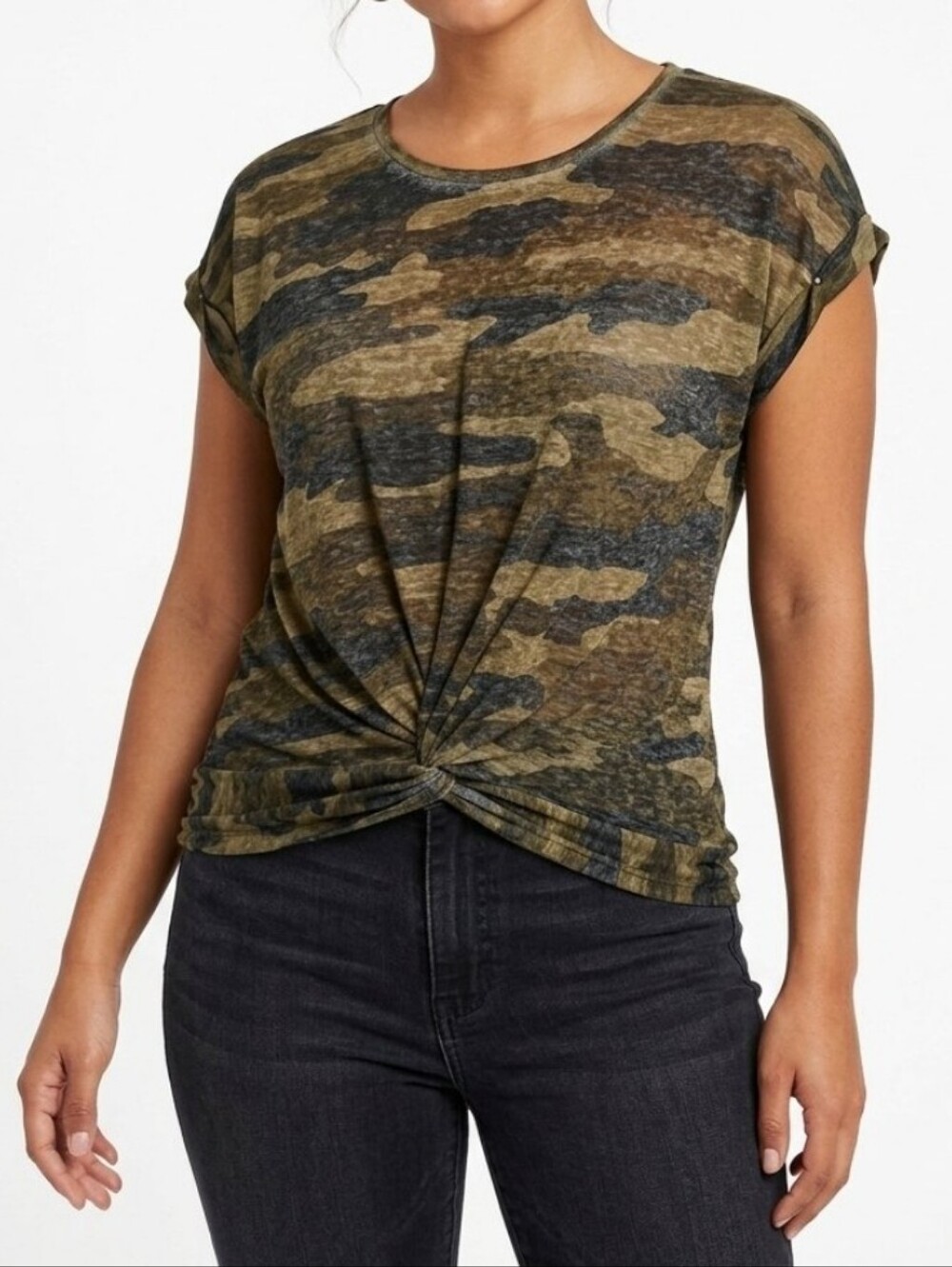 Lucky Brand Camo T-shirt Women's Green Burnout Camo Twist Front Short Sleeve S